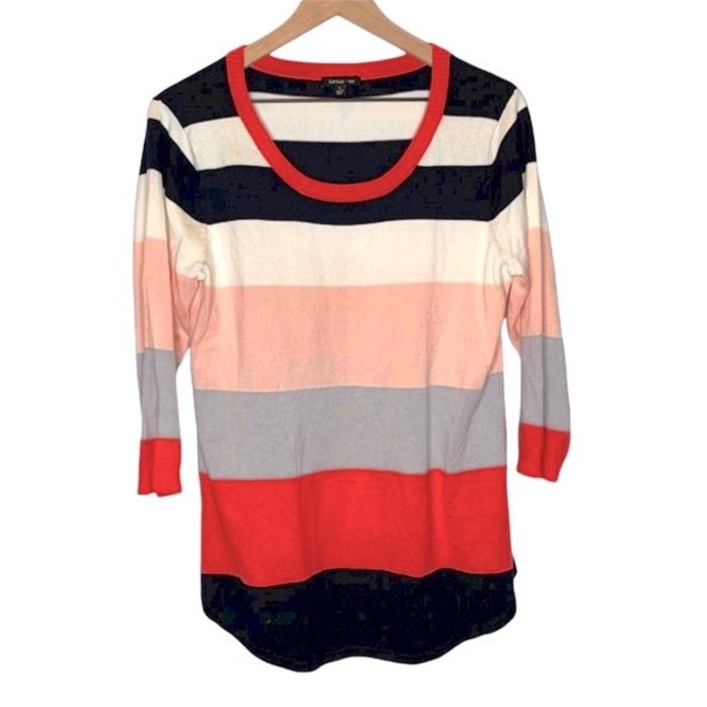 Karissa & Me Sweater Top 3/4 Sleeve Large Striped Pink Grey Navy Blue